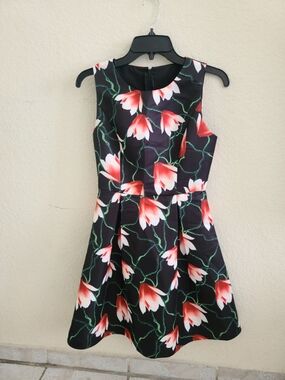 Sleeveless Black Mini Dress with Red & White Floral Print